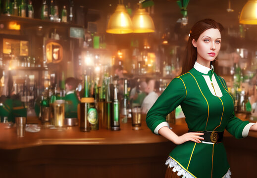 Beautiful bartender dressed in green in bar. background illustration, generative ai.