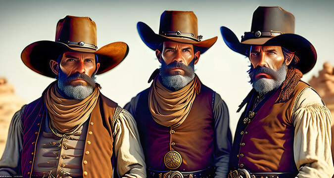 Portrait Old west cowboys cowboy hats and beards. Illustration, generative ai,