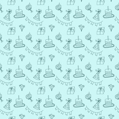 Seamless colorful pattern with birthday party decoration on blue background vector