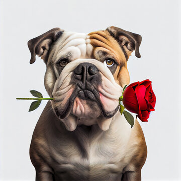 3D render adorable close up of a Bulldog holding red rose in mouth isolate white background.