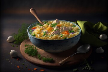 A bowl of comforting, creamy chicken noodle soup, filled with tender chunks of chicken, and vegetables, and garnished with fresh herbs - obrazy, fototapety, plakaty