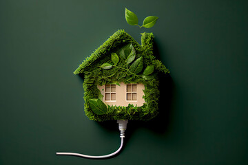 Symbol of green house made of leaves and a plug top view. Eco energy and energy saving concept