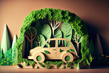 concept of eco car with nature in the city.paper art and craft style