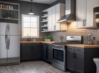 Luxury stylish modern large kitchen interior with furniture and kitchen utensils in an apartment home