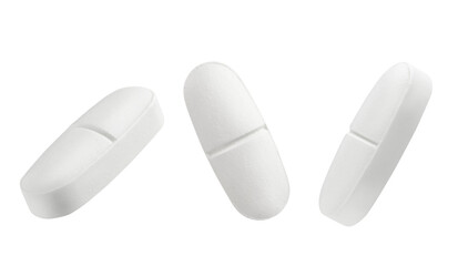 Set of white pills isolated on white or transparent background.