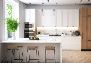 Luxury stylish modern large kitchen interior with furniture and kitchen utensils in an apartment home