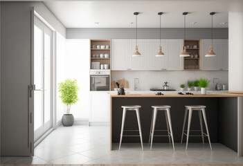 Fototapeta premium Luxury stylish modern large kitchen interior with furniture and kitchen utensils in an apartment home
