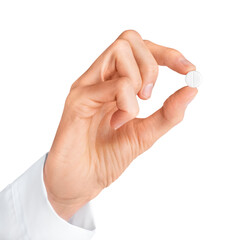 Doctor hand holding white pill isolated on white or transparent background. Pharmacy, pharmacology,...