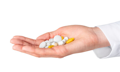 Pharmacist hand holding pills isolated on white or transparent background. Pharmacy, pharmacology, medicine.