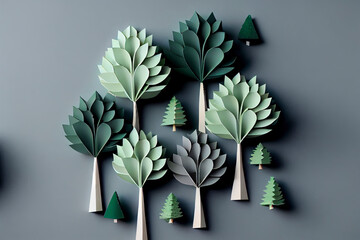 top view of paper made green trees isolated on grey, recycling and environment protection concept