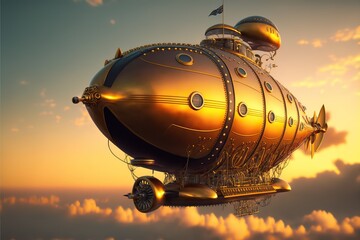 Fototapeta na wymiar Golden steampunk airship in morning sky. Fantasy scene. Generative ai.
