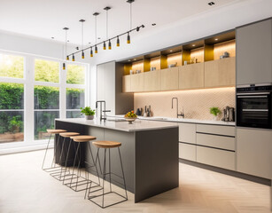 Luxury stylish modern large kitchen interior with furniture and kitchen utensils in an apartment home