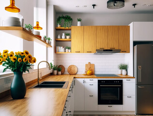 Luxury stylish modern large kitchen interior with furniture and kitchen utensils in an apartment home