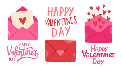 Happy Valentines Day Poster or banner with cute font, sweet hearts isolated. Promotion and shopping template vector