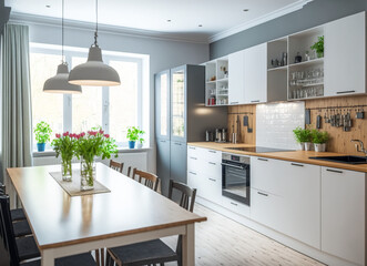 Fototapeta premium Luxury stylish modern large kitchen interior with furniture and kitchen utensils in an apartment home