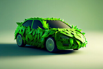Green eco car concept made up of green leaves, 3D illustration,white background