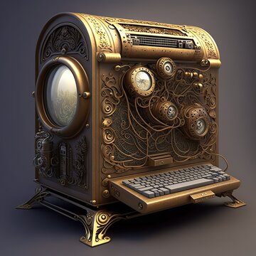 Golden steampunk computer. Generative ai.