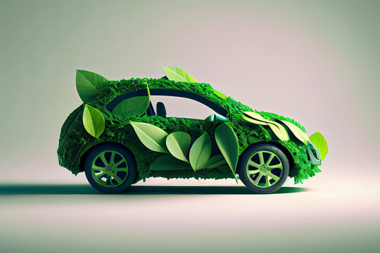 Green eco car concept made up of green leaves, 3D illustration,white background