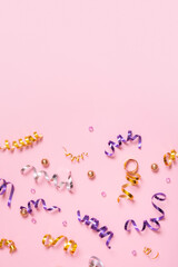 Festive spiral tinsel and beads for holiday decoration and celebration with copy space