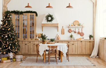 Light wooden kitchen with Christmas decorations