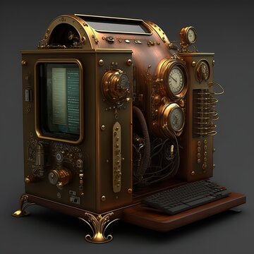 Bronze steampunk computer. Generative ai.