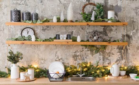 Light kitchen with Christmas decorations