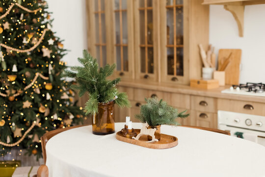 Light wooden kitchen with Christmas decorations