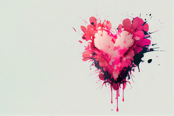 Pink heart shaped paint explosion on white background, Valentine's Day. Generative AI