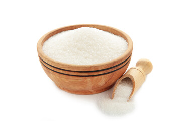 Bowl of white sugar isolated on white background