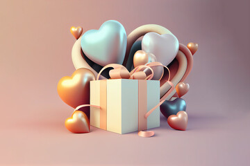 Gift box with heart shaped balloons, Valentine's Day. Generative AI