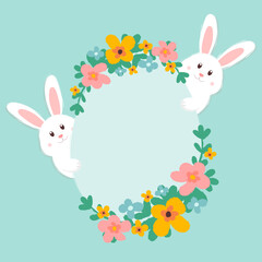 Cute Easter bunnies with eggs and flowers on a turquoise background