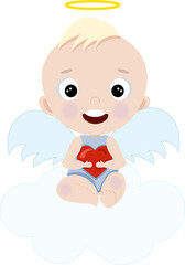 Cute cartoon boy angel on a cloud with a heart in his hands. Element for print, postcard and poster isolate on white background. Vector illustration
