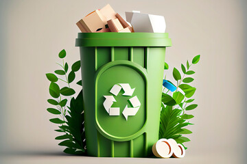 Trash can with plastic garbage and green recycle sign