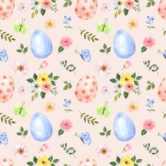 Easter seamless pattern on a pastel pink background. Colored eggs, pretty spring flowers, and butterflies watercolor illustration.