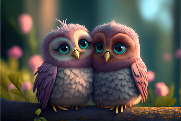 Loving couple of cute owls cuddling and hugging, Valentine's Day. Generative AI