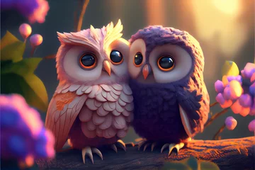 Acrylic prints Owl Cartoons Loving couple of cute owls cuddling and hugging, Valentine's Day. Generative AI