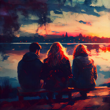 A throuple of young people by the lake enjoying sunset, Valentine's day, impressionism style painting. Generative AI