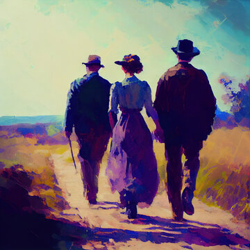 A throuple of people walking holding hands, Valentine's day, impressionism style painting. Generative AI