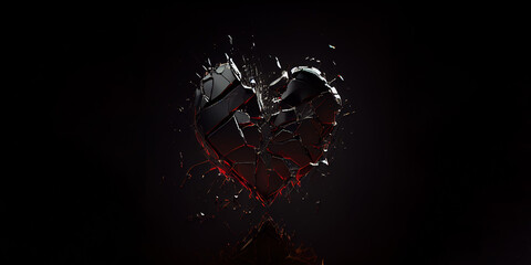 Broken heart on black background, anti-valentine's day. Generative AI
