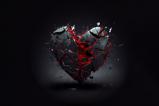 Broken heart on black background, anti-valentine's day. Generative AI