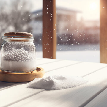 Decorative winter background with bokeh lights, snowflakes and empty wooden table.