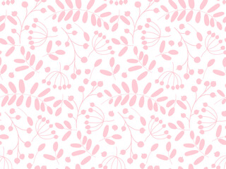 Seamless Plant pattern with pastel pink color. Doodle sketch vector illustration. Berries, branches backdrop on white background. Hand drawn wallpaper, textile, packaging for holidays print.