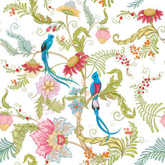 Fantasy flowers with bird of paradise quezal, in retro, vintage, jacobean embroidery style. Seamless pattern, background. Vector illustration.
