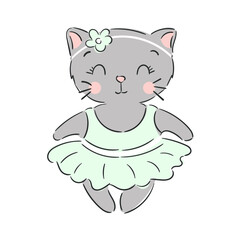 Hand drawn cat cute little kitten girl. Print design children t-shirt.