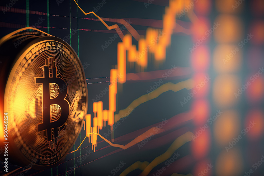 Poster background of a defocused chart and a gold bitcoin coin concept of a virtual cryptocurrency. generat