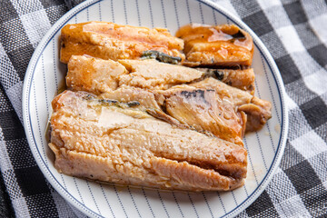 canned sardines fish in spicy oil fresh healthy meal food snack on the table copy space food background rustic top view