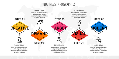 Infographics with 5 rhombus. Business elements are placed in horizontal row. Modern concept with five successive steps for project progress. Flat design template. Vector illustration.