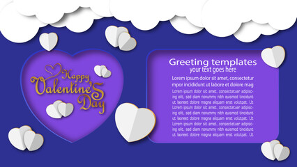 happy valentines day poster. greeting card template isolated on purple background. golden handwritten typography with love and cloud elements. 3d vector paper cut illustration. ideal for greeting card