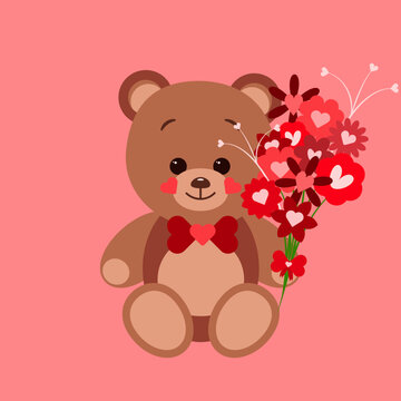 Teddy bear with flowers, greeting card for Valentines day. Vector illustration. Love concept isolated on red