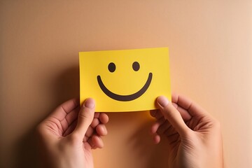 Hands holding yellow happy smile face paper cut, good feedback rating,think positive, customer review, assessment, child wellness,world mental health day, Compliment Day
